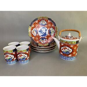 Vintage Takahashi Japan Imari-Style Porcelain Tea Set Teapot, 4 Cups & 4 Plates